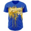 Custom Thunder Blue White-Yellow Dripping Splatter Paint Authentic Baseball Jersey