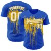 Custom Thunder Blue White-Yellow Dripping Splatter Paint Authentic Baseball Jersey