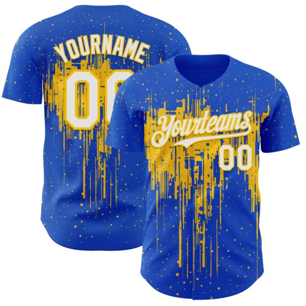 Custom Thunder Blue White-Yellow Dripping Splatter Paint Authentic Baseball Jersey
