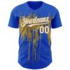 Custom Thunder Blue White-Old Gold Dripping Splatter Paint Authentic Baseball Jersey