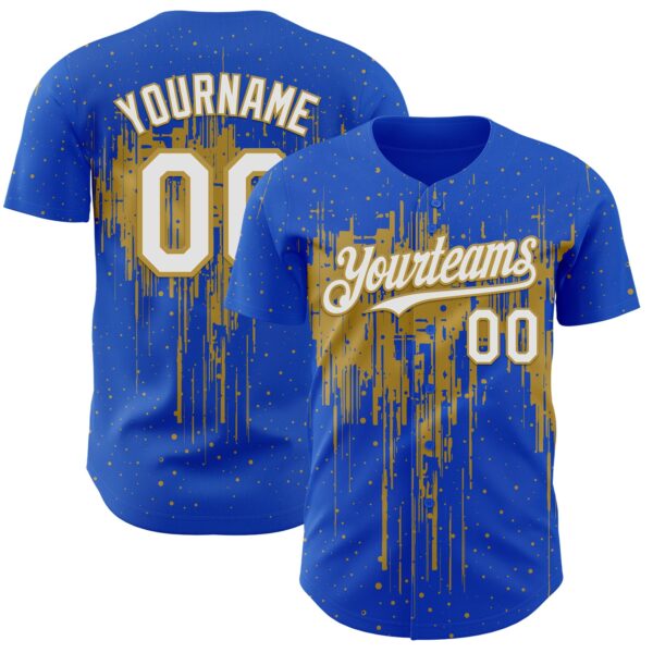 Custom Thunder Blue White-Old Gold Dripping Splatter Paint Authentic Baseball Jersey