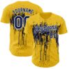 Custom Yellow Navy-White Dripping Splatter Paint Authentic Baseball Jersey
