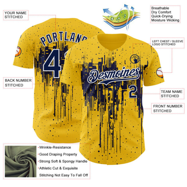 Custom Yellow Navy-White Dripping Splatter Paint Authentic Baseball Jersey