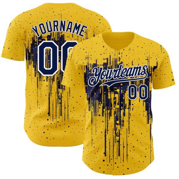Custom Yellow Navy-White Dripping Splatter Paint Authentic Baseball Jersey