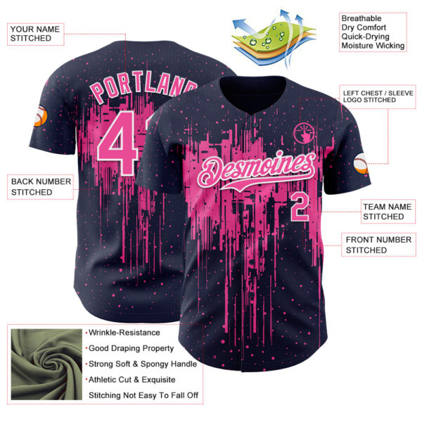 Custom Navy Pink-White Dripping Splatter Paint Authentic Baseball Jersey