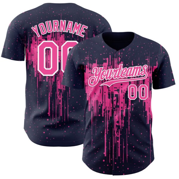 Custom Navy Pink-White Dripping Splatter Paint Authentic Baseball Jersey