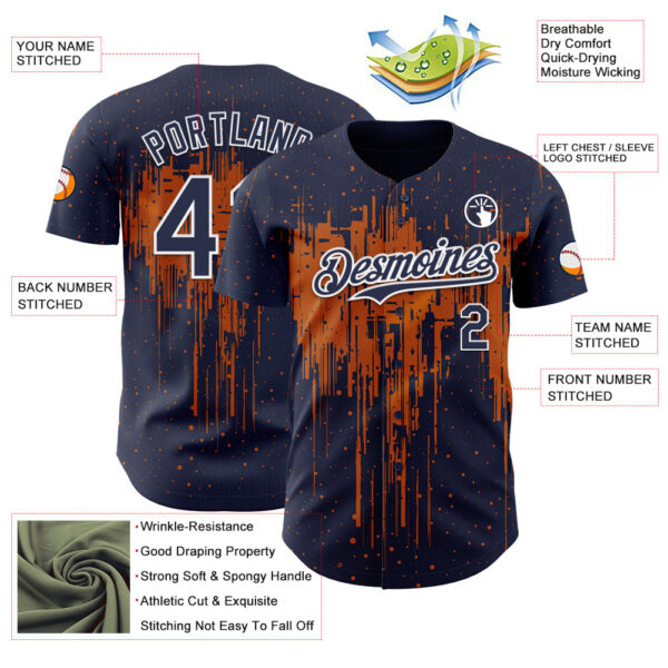 Custom Navy White-Bay Orange Dripping Splatter Paint Authentic Baseball Jersey