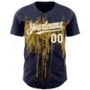 Custom Navy White-Old Gold Dripping Splatter Paint Authentic Baseball Jersey