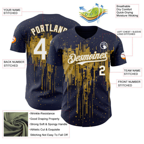 Custom Navy White-Old Gold Dripping Splatter Paint Authentic Baseball Jersey