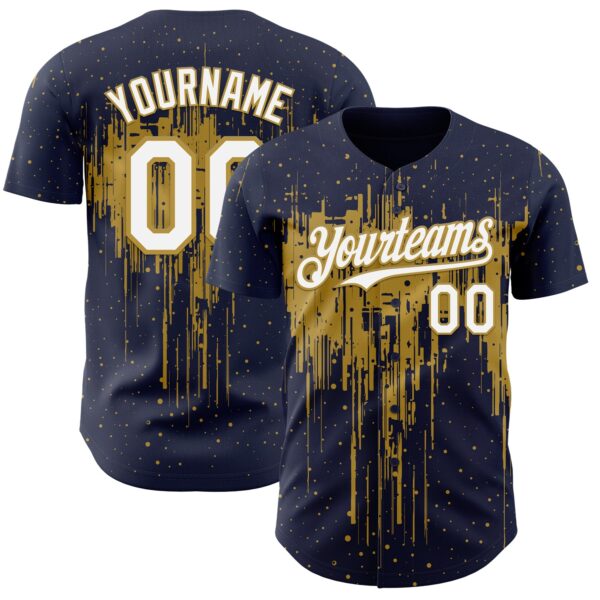 Custom Navy White-Old Gold Dripping Splatter Paint Authentic Baseball Jersey