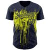 Custom Navy Neon Yellow Dripping Splatter Paint Authentic Baseball Jersey