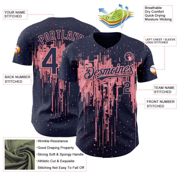 Custom Navy Medium Pink Dripping Splatter Paint Authentic Baseball Jersey