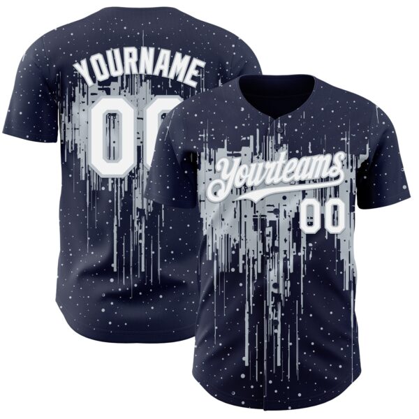 Custom Navy White-Silver Dripping Splatter Paint Authentic Baseball Jersey