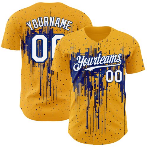 3DPattern12861 Custom Gold White-Royal Dripping Splatter Paint Authentic Baseball Jersey