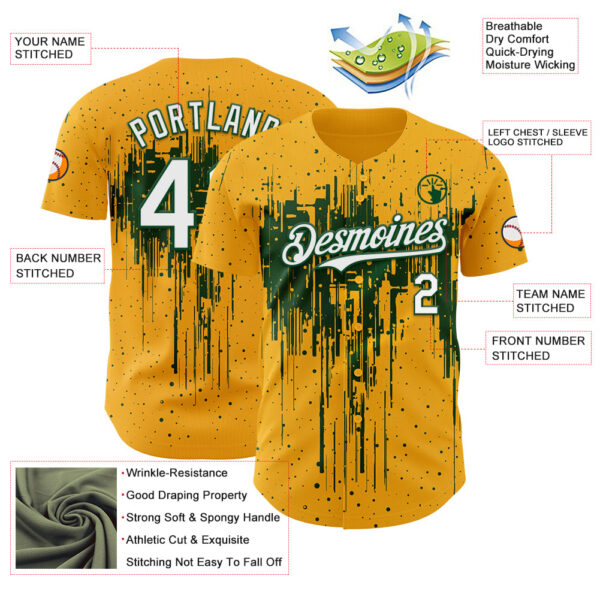 Custom Gold White-Green Dripping Splatter Paint Authentic Baseball Jersey