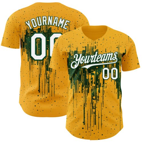 3DPattern12862 Custom Gold White-Green Dripping Splatter Paint Authentic Baseball Jersey