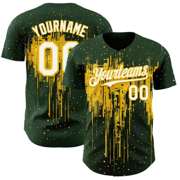Custom Green White-Yellow Dripping Splatter Paint Authentic Baseball Jersey