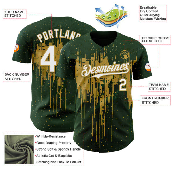 Custom Green White-Old Gold Dripping Splatter Paint Authentic Baseball Jersey