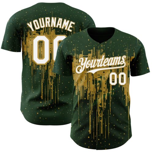 Custom Green White-Old Gold Dripping Splatter Paint Authentic Baseball Jersey
