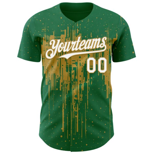 Custom Kelly Green White-Old Gold Dripping Splatter Paint Authentic Baseball Jersey