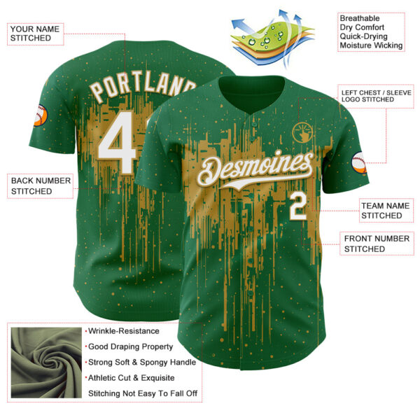 Custom Kelly Green White-Old Gold Dripping Splatter Paint Authentic Baseball Jersey