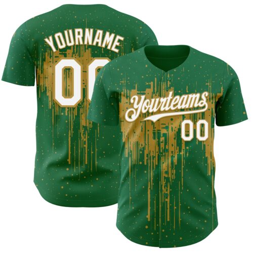 Custom Kelly Green White-Old Gold Dripping Splatter Paint Authentic Baseball Jersey