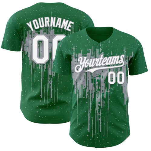 Custom Kelly Green White-Gray Dripping Splatter Paint Authentic Baseball Jersey