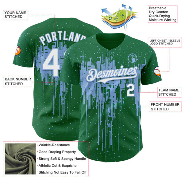 Custom Kelly Green White-Light Blue Dripping Splatter Paint Authentic Baseball Jersey