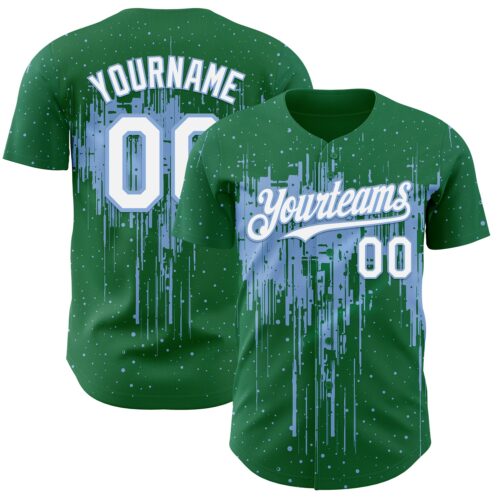 Custom Kelly Green White-Light Blue Dripping Splatter Paint Authentic Baseball Jersey