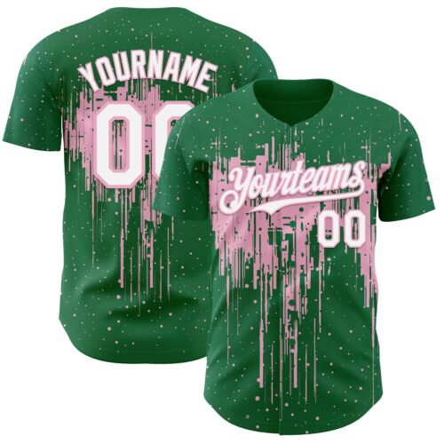 Custom Kelly Green White-Light Pink Dripping Splatter Paint Authentic Baseball Jersey
