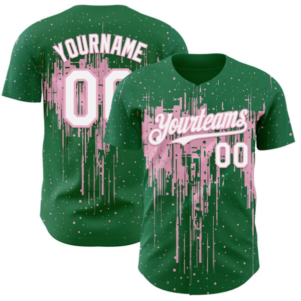 Custom Kelly Green White-Light Pink Dripping Splatter Paint Authentic Baseball Jersey