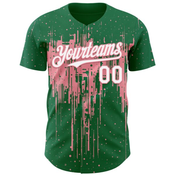 Custom Kelly Green White-Medium Pink Dripping Splatter Paint Authentic Baseball Jersey