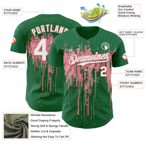 Custom Kelly Green White-Medium Pink Dripping Splatter Paint Authentic Baseball Jersey