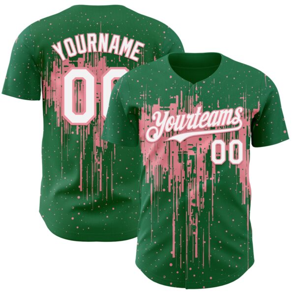 Custom Kelly Green White-Medium Pink Dripping Splatter Paint Authentic Baseball Jersey
