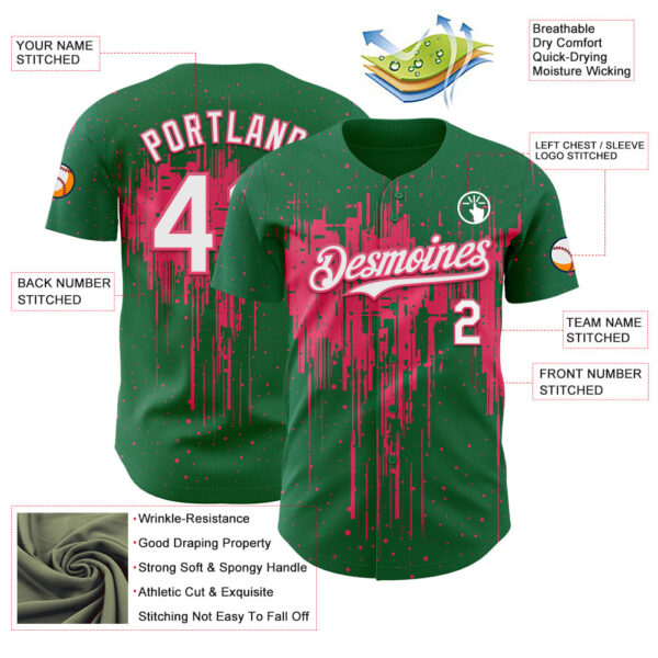 Custom Kelly Green White-Neon Pink Dripping Splatter Paint Authentic Baseball Jersey