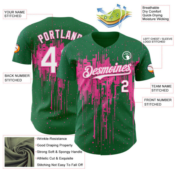 Custom Kelly Green White-Pink Dripping Splatter Paint Authentic Baseball Jersey