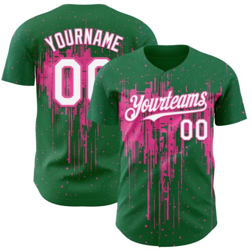 Custom Kelly Green White-Pink Dripping Splatter Paint Authentic Baseball Jersey