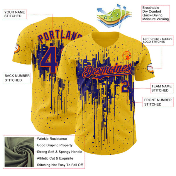 Custom Yellow Dark Purple-Orange Dripping Splatter Paint Authentic Baseball Jersey