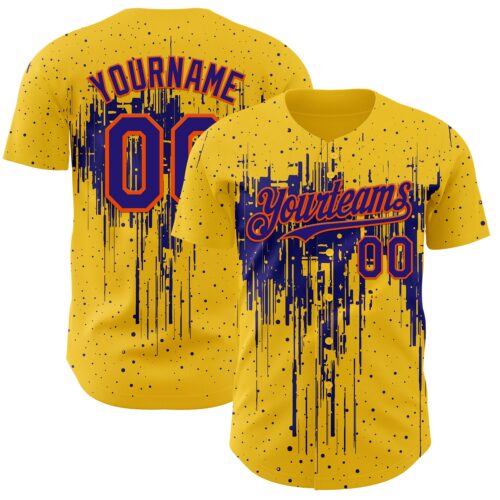Custom Yellow Dark Purple-Orange Dripping Splatter Paint Authentic Baseball Jersey