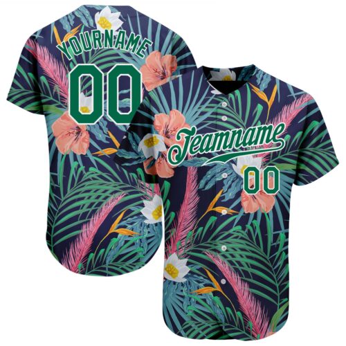 3DPattern1287_a1629bef-aeca-48b7-ab36-279e0d66081c Custom Black Kelly Green-White 3D Pattern Design Hawaii Palm Leaves And Flowers Authentic Baseball Jersey