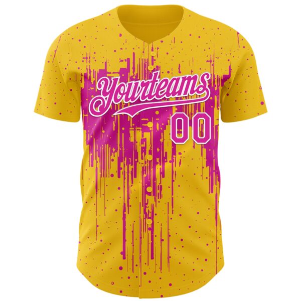 Custom Yellow Deep Pink-White Dripping Splatter Paint Authentic Baseball Jersey