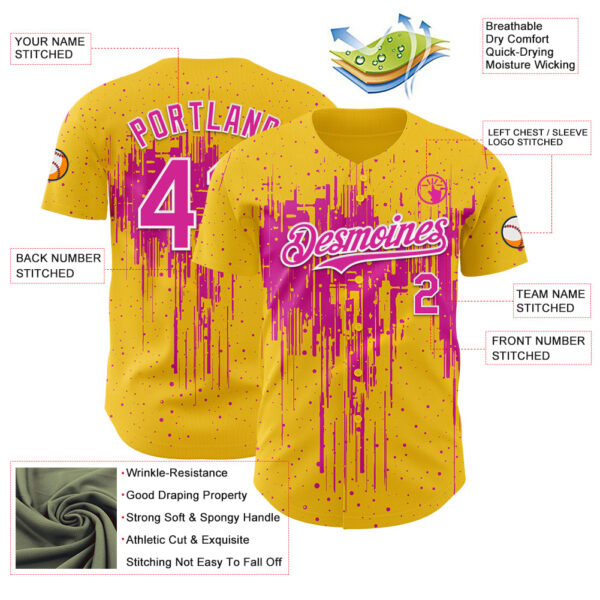 Custom Yellow Deep Pink-White Dripping Splatter Paint Authentic Baseball Jersey