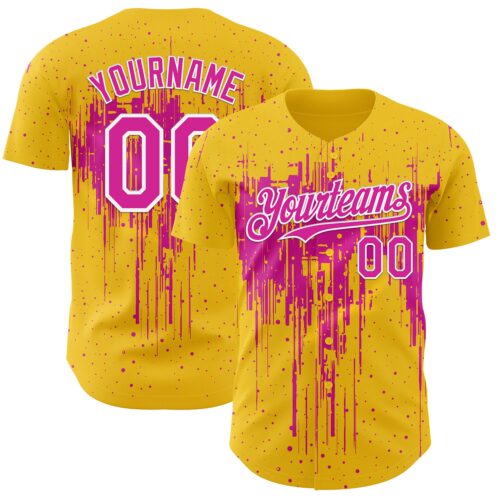 Custom Yellow Deep Pink-White Dripping Splatter Paint Authentic Baseball Jersey