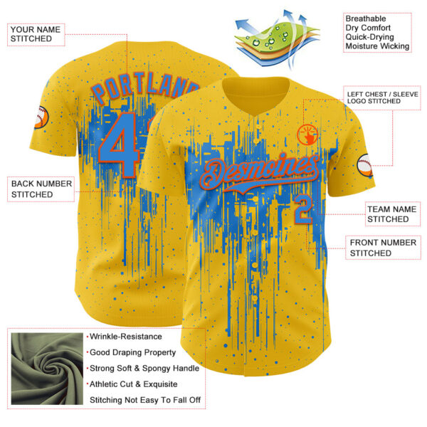 Custom Yellow Powder Blue-Orange Dripping Splatter Paint Authentic Baseball Jersey