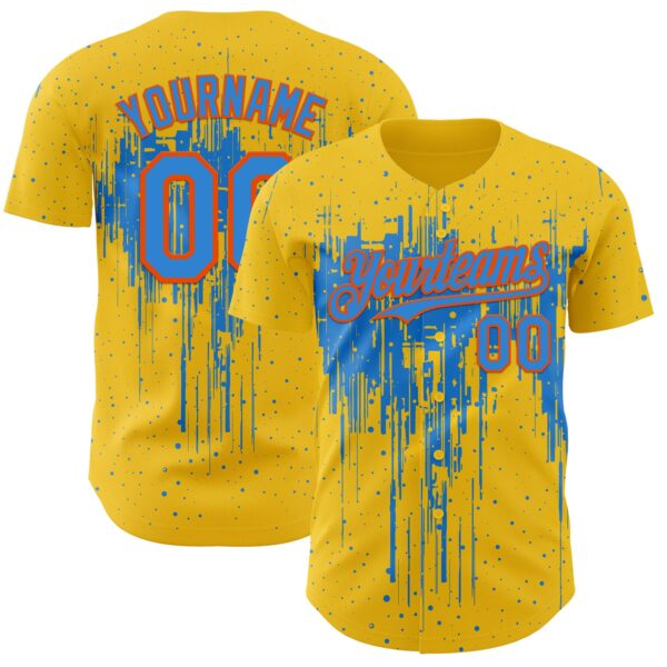 Custom Yellow Powder Blue-Orange Dripping Splatter Paint Authentic Baseball Jersey