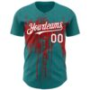 Custom Teal White-Red Dripping Splatter Paint Authentic Baseball Jersey