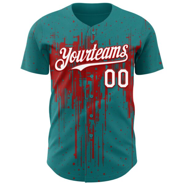 Custom Teal White-Red Dripping Splatter Paint Authentic Baseball Jersey