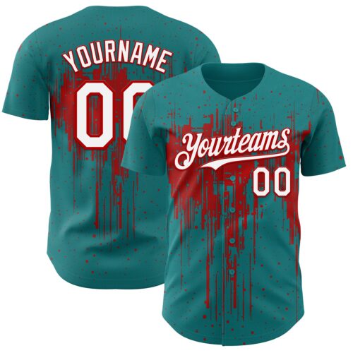 Custom Teal White-Red Dripping Splatter Paint Authentic Baseball Jersey