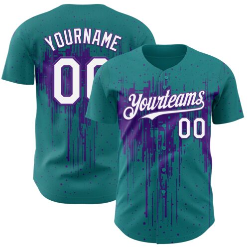 Custom Teal White-Purple Dripping Splatter Paint Authentic Baseball Jersey