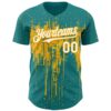 Custom Teal White-Gold Dripping Splatter Paint Authentic Baseball Jersey